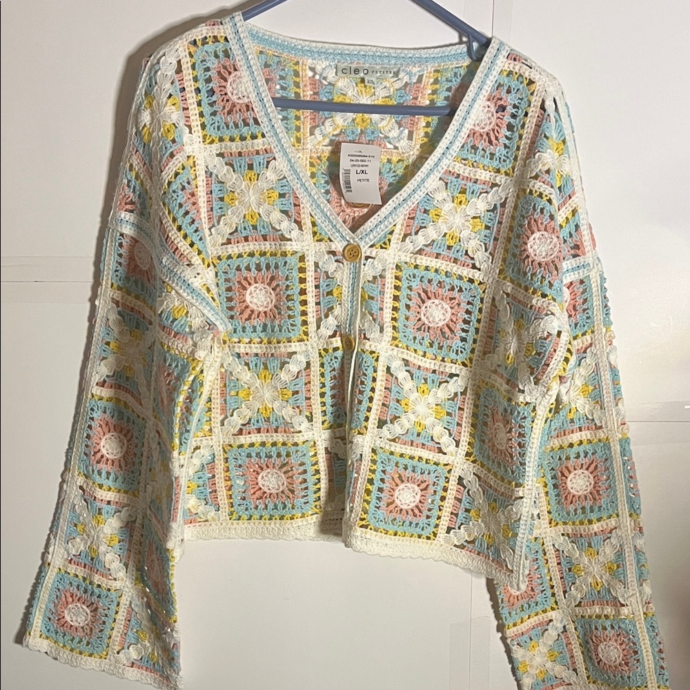 😄NWT colourful boho crocheted crop top jacket large